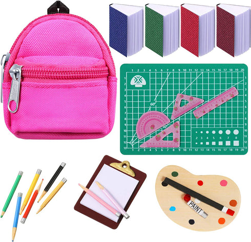 20 Pieces Doll School Supplies Set, Mini Doll Zipper Backpack Doll Books Doll Palette Miniature Paper Clipboard Pencil Rulers and Mat Dollhouse School Accessories Kit for Doll Miniatures Play Set