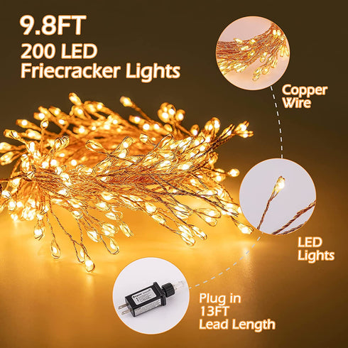 Fairy Lights Plug in, 10Feet 200 Led Copper Wire Firecracker Firefly Lights Waterproof Cluster Starry String Lights for Ceiling Bedroom Wreath Window Wedding Christmas Tree Decoration, Warm White