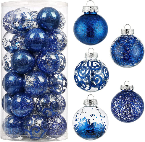 Wironlst 60mm/2.36" Christmas Ball Ornaments Shatterproof Clear Large Plastic Hanging Ball Decorative Baubles Set with Stuffed Delicate Decorations (30 Counts, Blue)