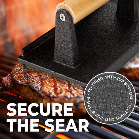 Shop Square 8 Cast Iron Grill Press, Pre-Seasoned Burger Press and Steak Weight with Cool-Touch Comfort-Grip Wood Handle - BBQ Accessories for Griddle, Outdoor Grill, Panini, Tortilla