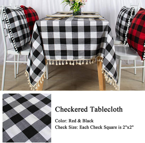 AMZLOKAE Checkered Tablecloth Rectangle 54''x80'' Black and White Buffalo Plaid Tablecloth Tassel Tablecloth Gingham Tablecloth for Kitchen Dining Anti-Fading Cotton Table Cover Christmas Decor