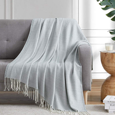 Bourina Decorative Diamond Lattice Faux Cashmere Fringe Throw Blanket Lightweight Soft Cozy for Bed or Sofa Farmhouse Outdoor Throw Blankets, 50" x 60",Light Blue