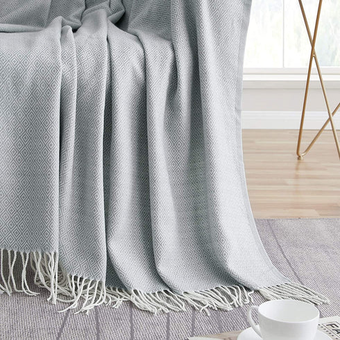Bourina Decorative Diamond Lattice Faux Cashmere Fringe Throw Blanket Lightweight Soft Cozy for Bed or Sofa Farmhouse Outdoor Throw Blankets, 50" x 60",Light Blue
