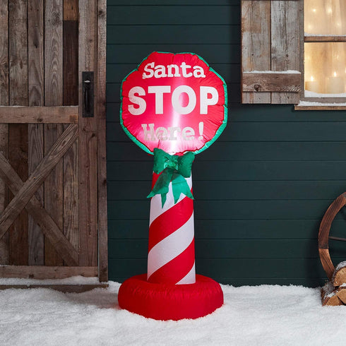Lights4fun, Inc. 4ft Inflatable Christmas Santa Stop Here Sign Indoor & Outdoor Holiday Decoration with Built-in LED Lights