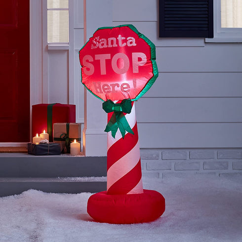 Lights4fun, Inc. 4ft Inflatable Christmas Santa Stop Here Sign Indoor & Outdoor Holiday Decoration with Built-in LED Lights