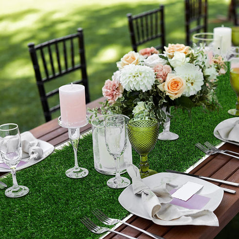 XLX TURF Grass Table Runner 12 x 108 Inch, Green Artificial Tabletop Decor for Wedding, Birthday Party, Banquet, Baby Shower