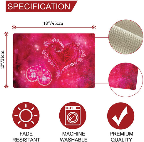 Valentine Placemats Set of 4 Pink Heart Placemats for Dining Table Reversible Heat Resistant Valentine's Day Cloth Placemat for Holiday Valentine Decorations