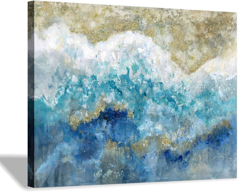 Abstract Picture Canvas Wall Art: Blue & Gold Artwork Painting Print on Canvas Small Size for Walls (16'' x 12'' x 1 Panel)