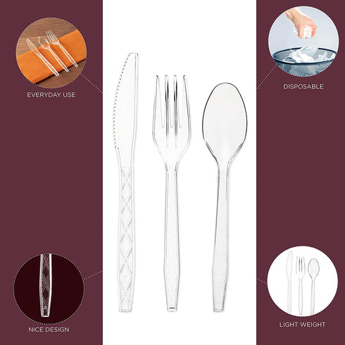Clear Plastic Cutlery | Heavy Duty & Solid Disposable Silverware Utensils Set | Perfect for Weddings, Buffets, Luncheon & More | 180 Forks, 120 Spoons & 60 Knives Combo Pack | 360 Count