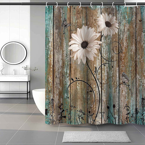Lnond Floral Shower Curtain, Farmhouse Shower Curtain with 12 Hooks, Seashell Starfish Shower Curtains, Washable Waterproof Fabric Shower Curtain Set for Bathroom (72" x 72")
