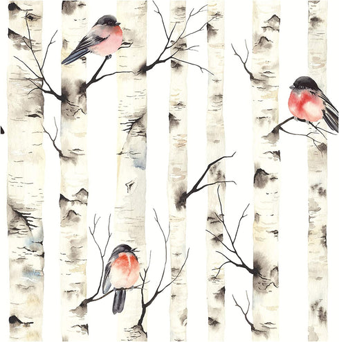 HaokHome 92075 Peel and Stick Forest Wallpaper Birch Tree Birds Mural White/Beige/Grey/Red Removable for Wall Decorations 17.7in x 118in