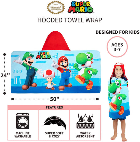 Franco Kids Bath and Beach Soft Cotton Terry Hooded Towel Wrap, 24 in x 50 in, Super Mario