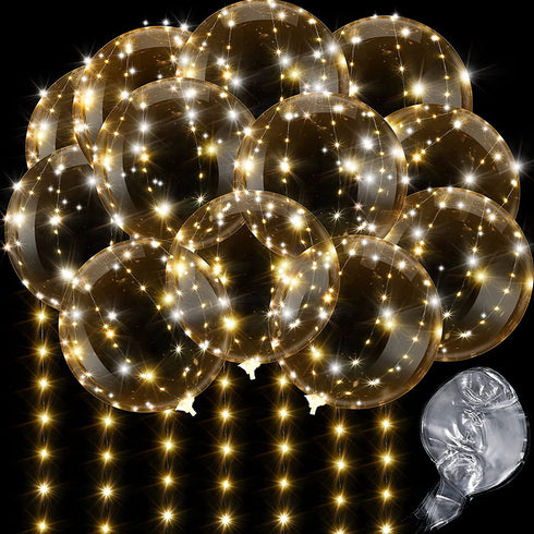 10 Sets LED Light up BoBo Balloons, 20 Inch Pre-Stretched Transparent Balloons with 10 Ft LED String Lights, 12 Clear Bobo Balloons and 3 Levels Flashing LED String Lights for Xmas Party (Warm Light)