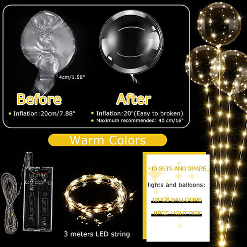 10 Sets LED Light up BoBo Balloons, 20 Inch Pre-Stretched Transparent Balloons with 10 Ft LED String Lights, 12 Clear Bobo Balloons and 3 Levels Flashing LED String Lights for Xmas Party (Warm Light)