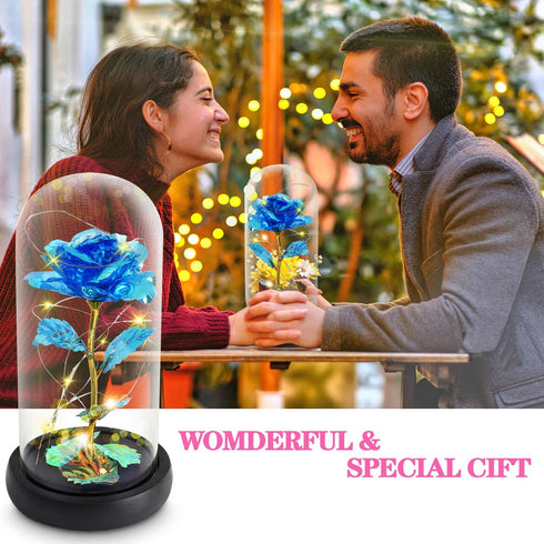 Valentines Day Gifts for Women, Birthday Gifts Thanksgiving Gifts Forever Preserved Rose Flower Gifts Beauty and The Beast Rose in Glass Dome with Warm Light, Unique Gift for Her Women Mom (Blue)