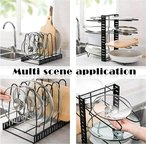MDHAND Pan Organizer Rack for Cabinet, Pan Pot Lid Organizer Rack with 5 Adjustable Dividers, Kitchen Cookware Storage Rack