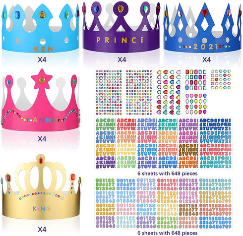 Paper Crowns Princess Prince Crown Gem Stickers Jewels Stickers Number Letter Stickers for Boys Girls Adults DIY Birthday Party Crown Hats Decoration Favor Supplies (38 Pieces)