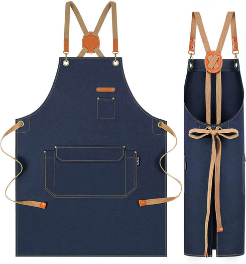 RockyToy Chef Apron with Cross Back Straps for Men Women, Cotton Canvas Apron for Artists Painting, Kitchen Cooking