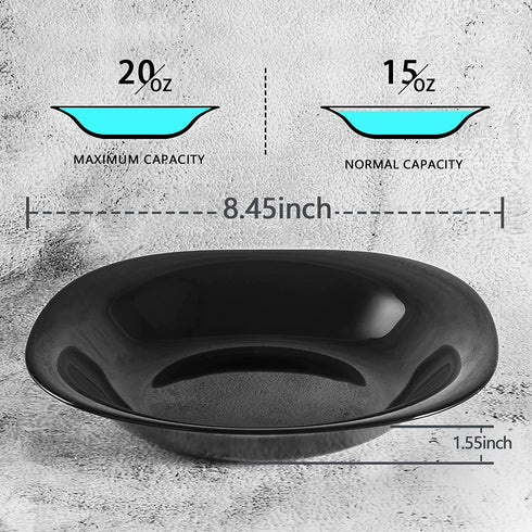 Wareland Black Glass Dinner Plates Set of 4, 20 oz Square Pasta Salad Plate, 8.45 inch Soup Plates with Fun Angles, Serving Dishes for Appetizer Dessert Chip,Scratch Resistant , Microwave Safe