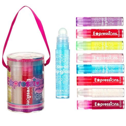 EXPRESSIONS 8 Pc Roll On Glitter Lip Gloss Set, Fruity Flavored Lip Makeup for Kids and Teens, Clear Lip Gloss Non Toxic, Kid Friendly, Great for Gifts, Party Favors and Basket Stuffers