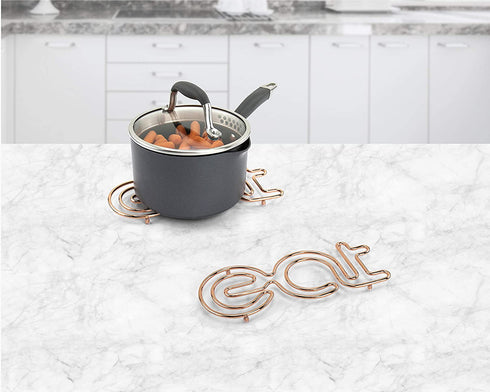 Spectrum Diversified Eat Trivet, Steel Cooling Rack for countertops & Kitchen Tables, Funny potholder or d©cor Item for Any Kitchen, Easy to Clean & Safe for Most cookware , Copper