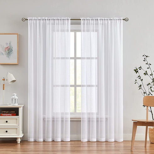 Randall White Linen Sheer Curtain Panel Sets of 2 with Rod Pocket Open Weave Faux Linen Window Treament for Living Room Bedroom Farmhouse, 54x63 Inch, Snow White