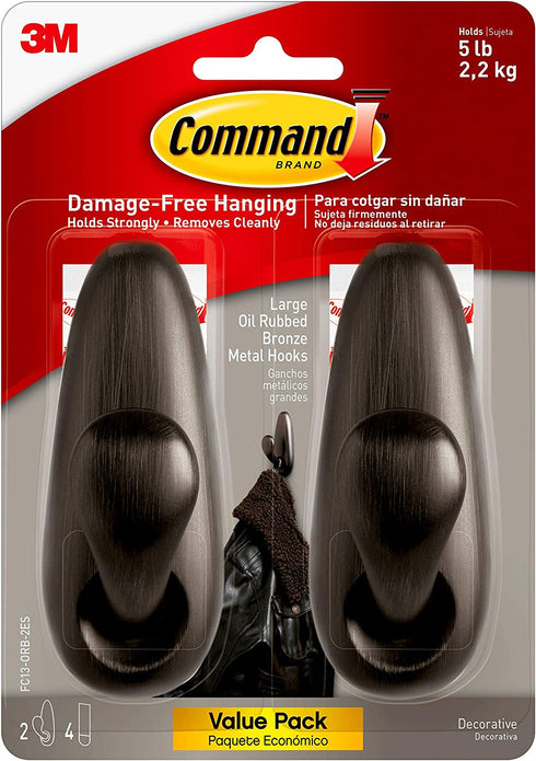Command Large Forever Classic Metal Hook, Oil Rubbed Bronze, 2-Hooks, 4-Strips, Decorate Damage-Free