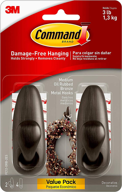 Command Medium Forever Classic Metal Hook, Oil Rubbed Bronze, 2-Hooks, 4-Strips, Decorate Damage-Free