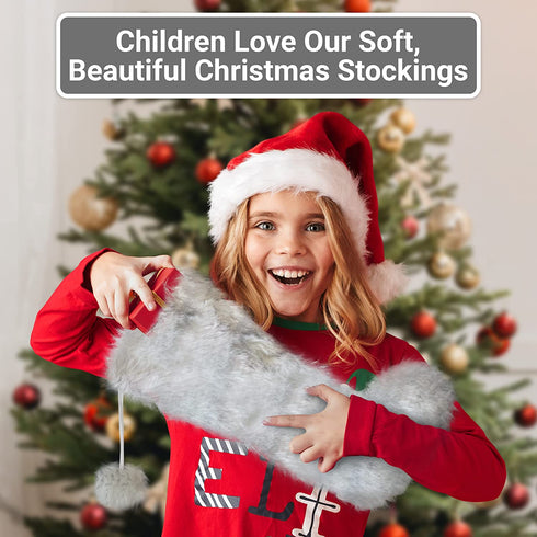 Super Fluffy, Long-Lasting Faux Fur Stocking 20in Silver Christmas Stocking for Fireplace Decor, Large Hanging Decorations for Xmas Mantel. Wide Opening for Festive Holiday Party Gifts for Family