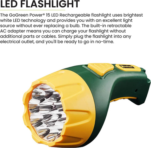 GoGreen GG-113-15RC LED Rechargeable Flashlight, 1 EA, Yellow/Green