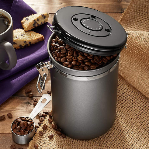 Bretani 24 oz. Stainless Steel Coffee Canister & Scoop Set - Large Airtight Kitchen Storage Container for Storing Beans & Grounds - Dark Gray
