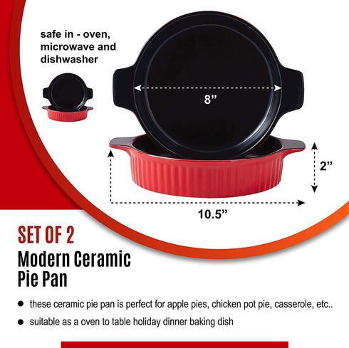 Bruntmor Set Of 2 Modern Ceramic Pie Pan, 8" Tart Pan Round Pie Plate Baking Dish 2" Deep, Elagent Ribbed Design, Red
