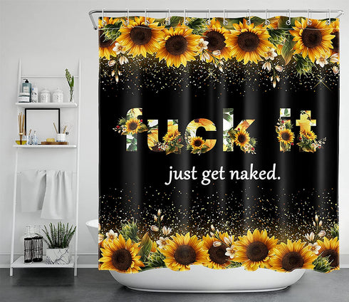 LB Rustic Sunflower Fuck It Get Naked Shower Curtain Decor, Modern Farmhouse Yellow Floral Funny Quotes Shower Curtains 72X72 inch Polyester Fabric Bathroom Decoration Bath Curtains Hooks Included