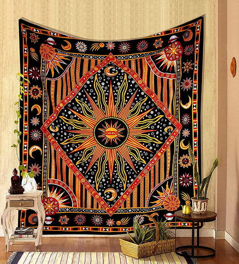 Raajsee Sun And Moon Tapestry Aesthetic- Burning Sun With Stars Mystic Wall Hanging Tapestries Hippie- Golden Celestial Tapestrys For Bedroom- Indie Wall Tapastry Hippie Room D©cor 82x92 inch
