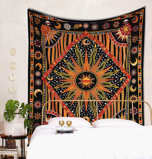 Raajsee Sun And Moon Tapestry Aesthetic- Burning Sun With Stars Mystic Wall Hanging Tapestries Hippie- Golden Celestial Tapestrys For Bedroom- Indie Wall Tapastry Hippie Room D©cor 82x92 inch