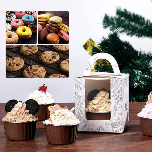 50Pcs Cupcake Boxes Individual,LittleDirigible Portable Single Cupcake Carrier with Window Insert Handle,Pastry Muffins Boxes for Wedding Birthday Party