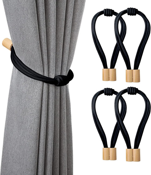 Porlepuo Magnetic Curtain Tiebacks 2-4 Pack, Curtain Holdbacks in Elastic Rope, Decorative Curtain Ties 20.6 inches for Thin or Thick Home Office Drapes (Black, 4)