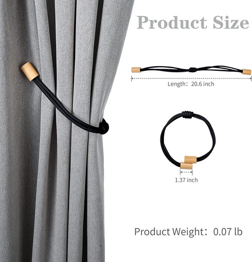 Porlepuo Magnetic Curtain Tiebacks 2-4 Pack, Curtain Holdbacks in Elastic Rope, Decorative Curtain Ties 20.6 inches for Thin or Thick Home Office Drapes (Black, 4)
