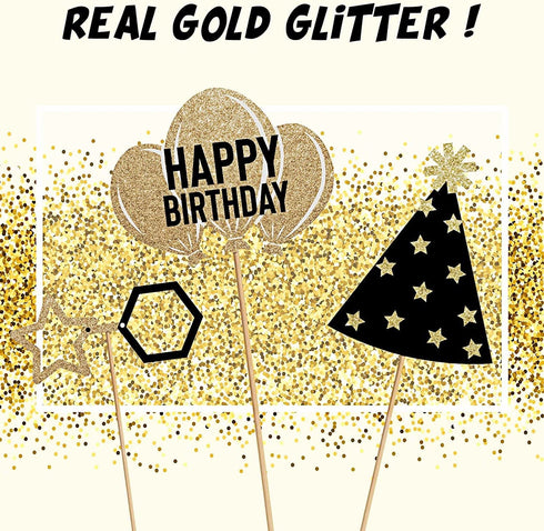 36 Pieces Gold Birthday Photo Booth Props, Large Gold Birthday Party Photobooth Props with Glitter for Girl Woman Birthday Parties Supplies (Black, Gold)
