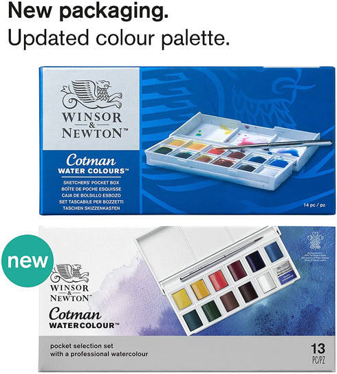 Winsor & Newton Cotman Water Colour Paint Sketchers' Pocket Box, Half Pans, 13 count (12 colors and a brush)