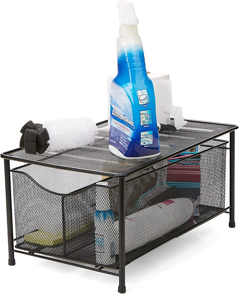 Mind Reader 'CABASKDR' Black Metal Mesh Storage Basket with Sliding Drawer and Steel Mesh Platform On Top