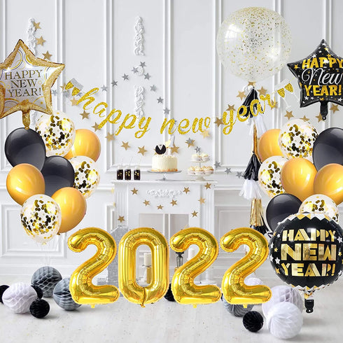 ORDA New Years Eve Party Supplies 2022, 47PCS Happy New Year Decorations Including Gold-Glitter Happy New Year Banner, 2022 Gold Foil Number Balloons, Black and Gold Confetti Balloons, Star Balloons, 4D Balloons