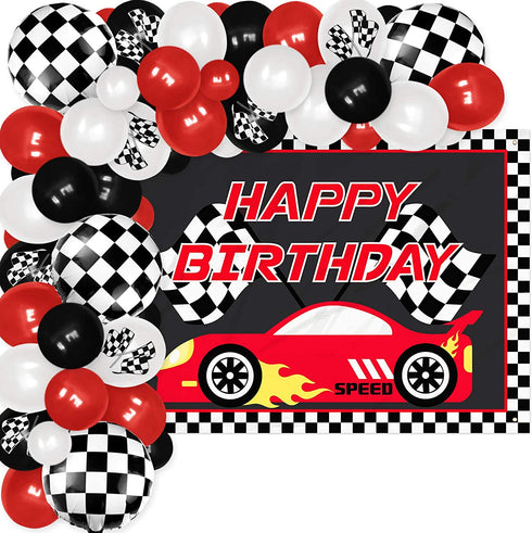 Race Car Birthday Party Decoration Supplies 83PCS Race Car Backdrop Banner and Balloon Garland Kit Happy Birthday Checkered Flags Photo Backdrop for Sports Theme Party Two Fast Birthday Decorations