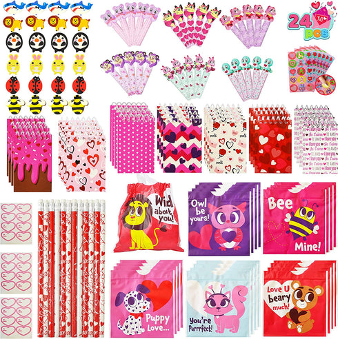168 Pcs Valentine Stationery Set with Drawstring Treat Bags for Kids Party, Classroom Exchange Prizes, includes Notebooks, Rulers, Erasers, and Pencil