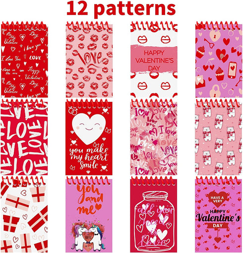 Elcoho 48 Pieces Mini Valentine Day Notepads Spiral Notepads Paper Notepads in 12 Designs for School Valentines Day Party Favors, 3.50 x 2.24 Inch