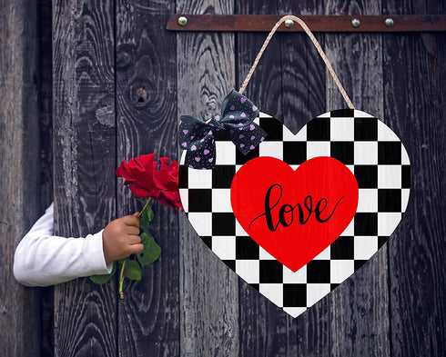 CYNOSA Valentines Day Door Sign Front Door Decorations Black and White Buffalo Plaid Heart Love Hanging Sign Printed Wooden Door Hanger Wreath Outdoor Wall Decor