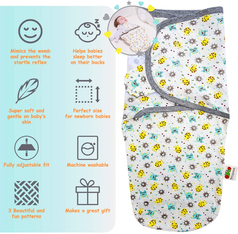Baby Swaddle Blanket Wrap 3 Pack - Adjustable 100% Cotton Baby Swaddle Sacks - Cute Newborn Velcro Swaddles for Boy & Girl 0-3 Months - Infant Swaddling Sleep Sacks - Unisex Swaddlers Gift Set
