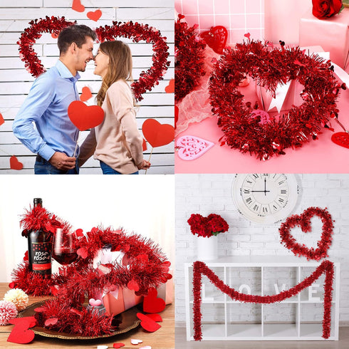Valentines Day Red Heart Tinsel Garland, 39.3 ft Valentines Decor, Red Shiny Garland, Hanging Metallic Tinsel Ornaments, Valentines Day Decorations for Tree Wreath Wedding Party Decoration Supplies