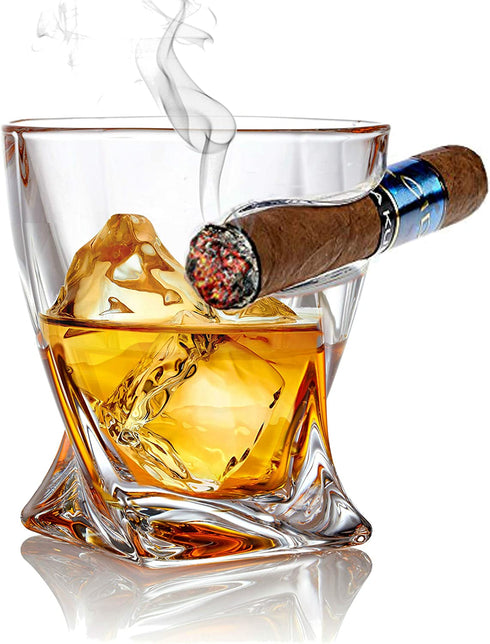 Whiskey Cigar Glass - Old Fashioned Whiskey Tumbler Glass With Side Mounted Cigar Holder - Scotch, Bourbon, Liquor - Christmas Gift - Dad, Grandpa, Husband