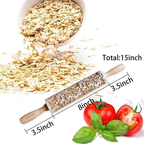 Uspacific Embossing Rolling Pin, Flower Pattern Wooden Laser Engraved Embossed Printing Rolling Pin DIY Tool for Homemade or Christmas Cookies